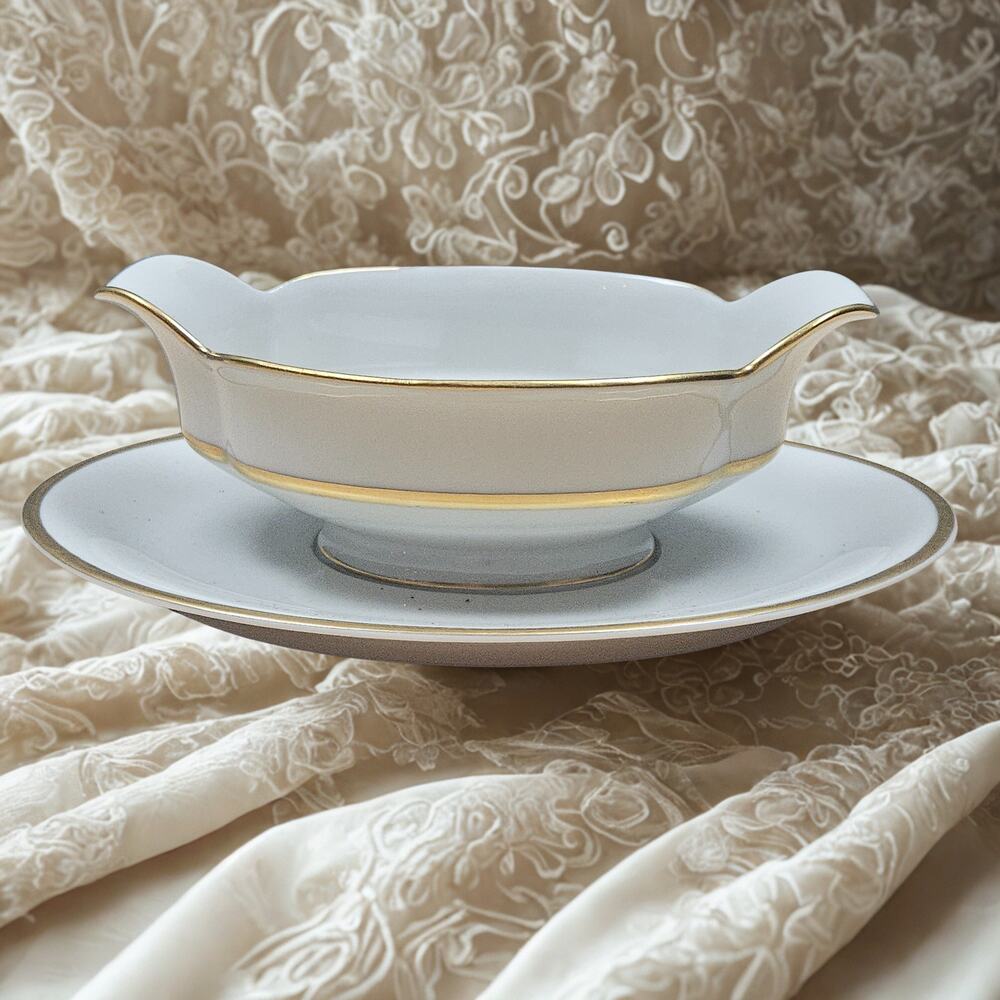 VTG Haviland Schleiger 20 Gravy Boat attached underplate Derby 4 Ivory Gold Band